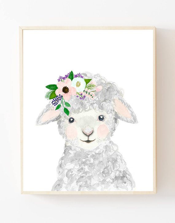 570x725 Watercolor Lamb In Grey Blush And Mint Aqua Color Woodland Etsy - Watercolor Lamb