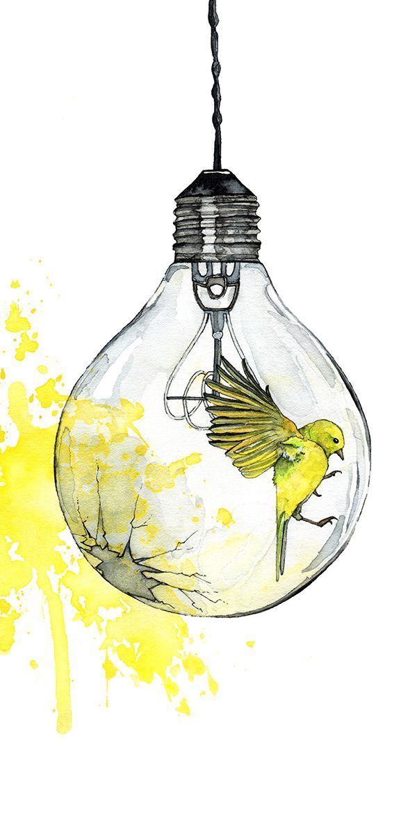 600x1200 Watercolor Painting, Light Bulb Painting, Watercolor Print, Bird - Watercolor Lamp