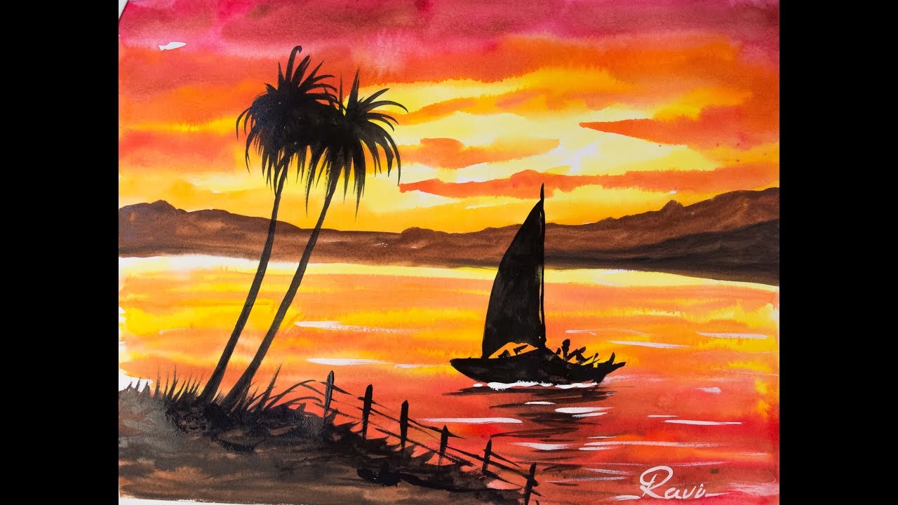 1280x720 Sunset Landscape Easy Watercolor Painting - Watercolor Landscape Easy