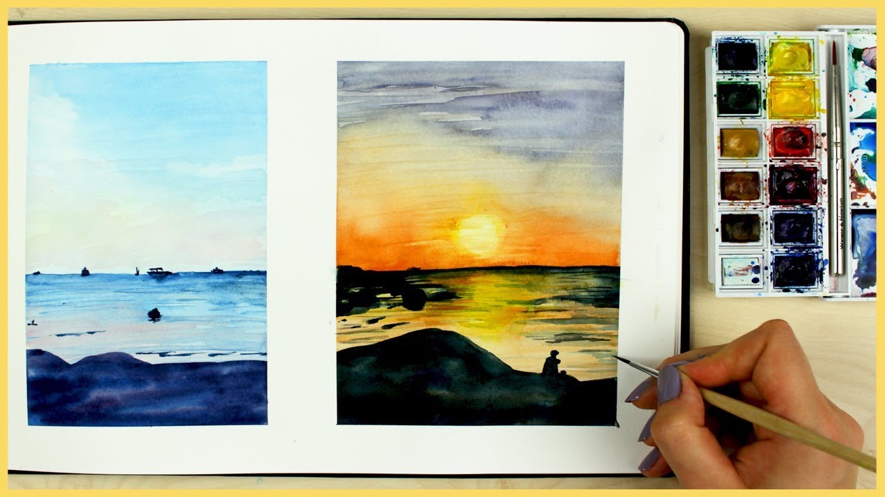 1280x720 How To Paint A Sunset With Watercolors For Beginners Art Journal - Watercolor Landscape Ocean