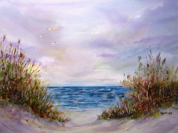 570x426 Landscape Painting Archival Print Beach Painting Beach Etsy - Watercolor Landscape Ocean