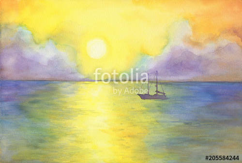 500x336 Abstract Landscape With A Yacht In Ocean. View Of Sea, Sun, Cloudy - Watercolor Landscape Ocean