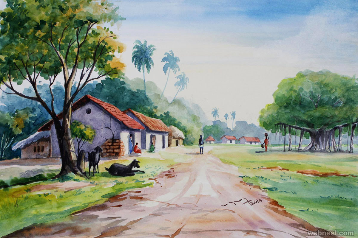 rural scenery paintings with children and animals