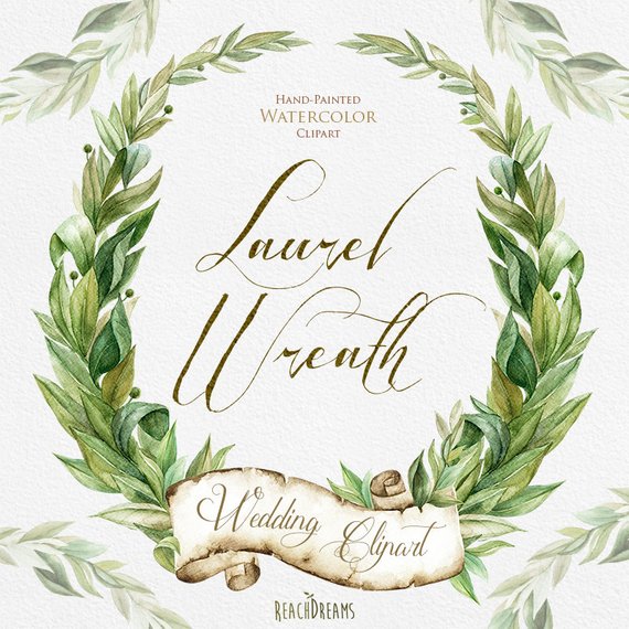 570x570 Laurel Wreath Watercolor Hand Painted Clipart Wedding Etsy - Watercolor Laurel Wreath