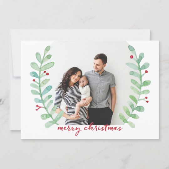 540x540 Watercolor Laurel Wreath Merry Christmas Photo Holiday Card - Watercolor Laurel Wreath