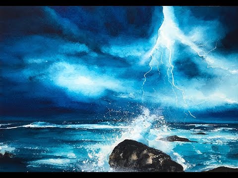 480x360 Lightning Over The Ocean Watercolors And Gouache Painting Demo - Watercolor Lightning