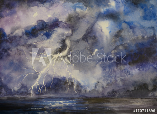 500x363 Stormy Night Sky Watercolor Painting Abstract Background With - Watercolor Lightning