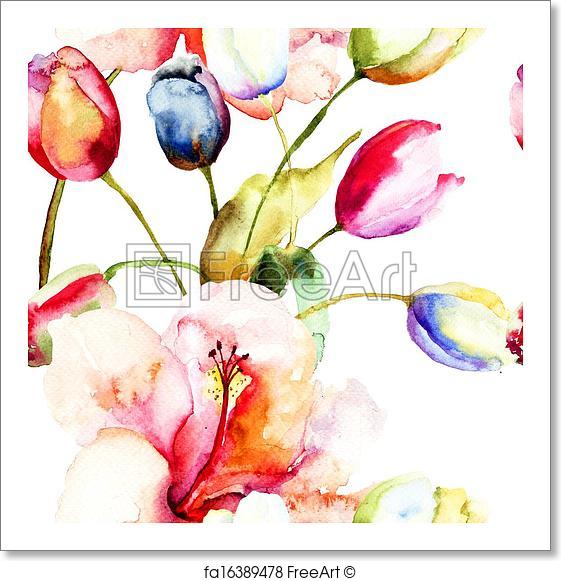 561x581 Free Art Print Of Watercolor Painting Of Tulips And Lily Flowers - Watercolor Lily