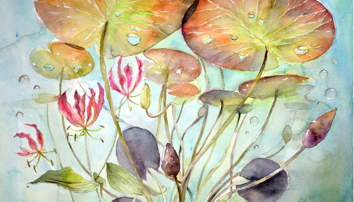 700x401 Waterlily Watercolor Lilypad Illustration Pond Surreal Art - Watercolor Lily Pads