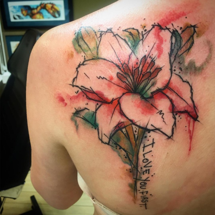730x730 I Love You First Watercolor Lily Tattoo On Left Back Shoulder - Watercolor Lily Tattoo