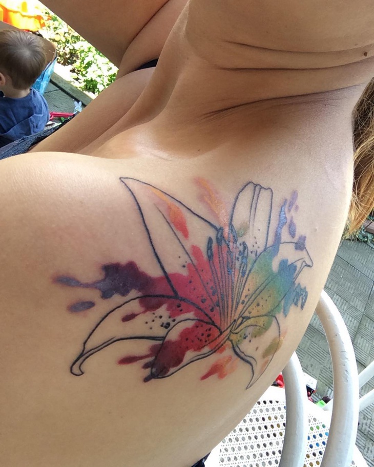 730x912 Nice Watercolor Lily Tattoo On Left Back Shoulder - Watercolor Lily Tattoo