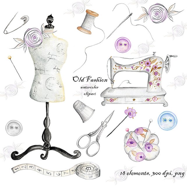 642x645 Watercolor Clip Art Vintage Sewing Sewing Machine Needle Etsy - Watercolor Line Art