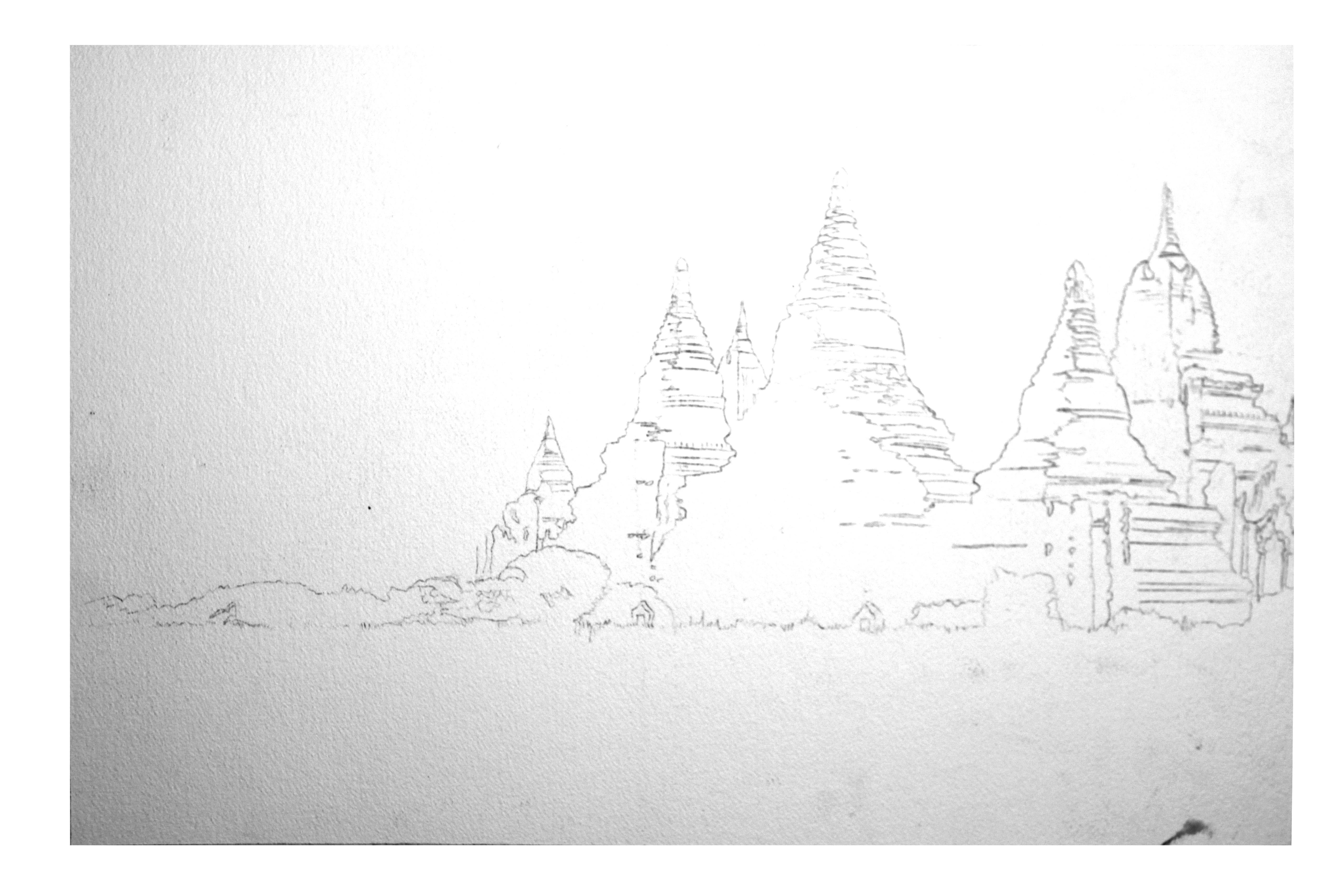 5616x3744 Watercolor Demonstration Asian Ruins - Watercolor Line Drawing