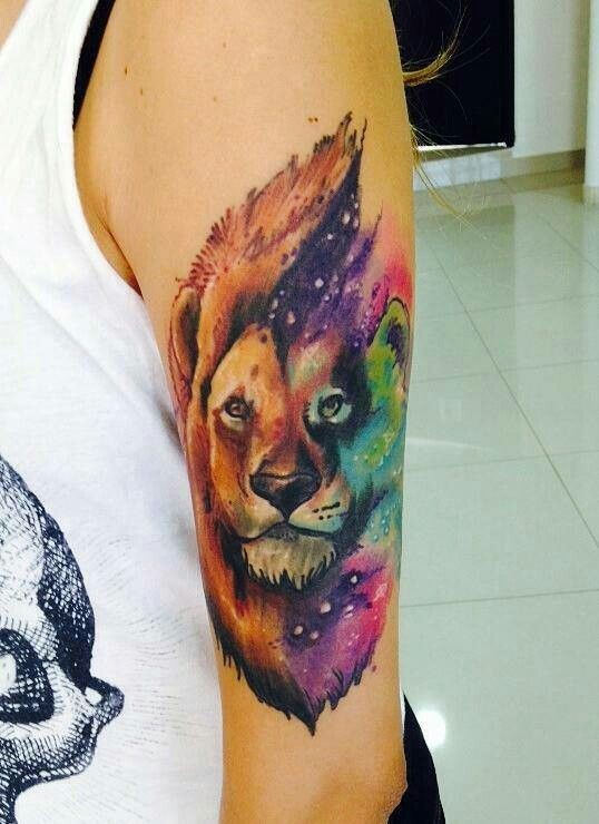 538x740 Amazing Watercolor Lion In Space Tattoo On Half Sleeve - Watercolor Lion Tattoo