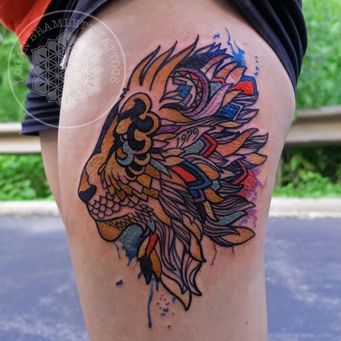 697x697 Multicolored And Watercolor Lion Tattoo By Me Logan Bramlett - Watercolor Lion Tattoo