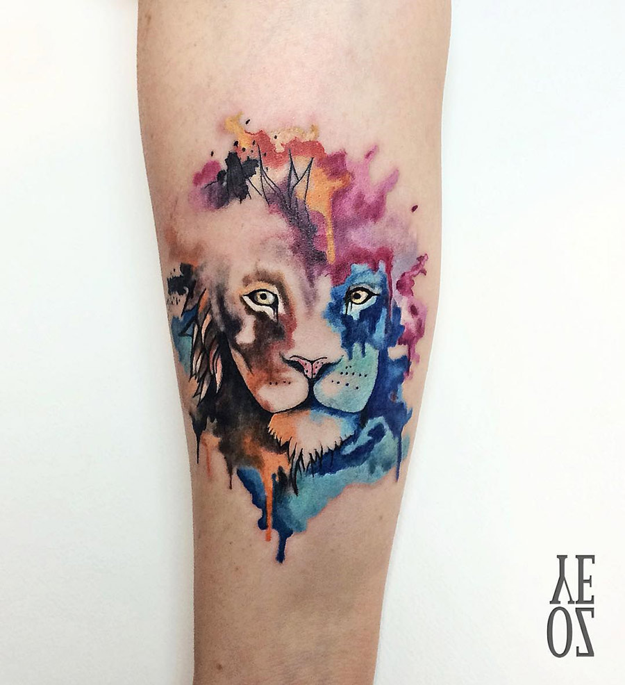 900x986 Pretty Lion Watercolor Piece Best Tattoo Design Ideas - Watercolor Lion Tattoo