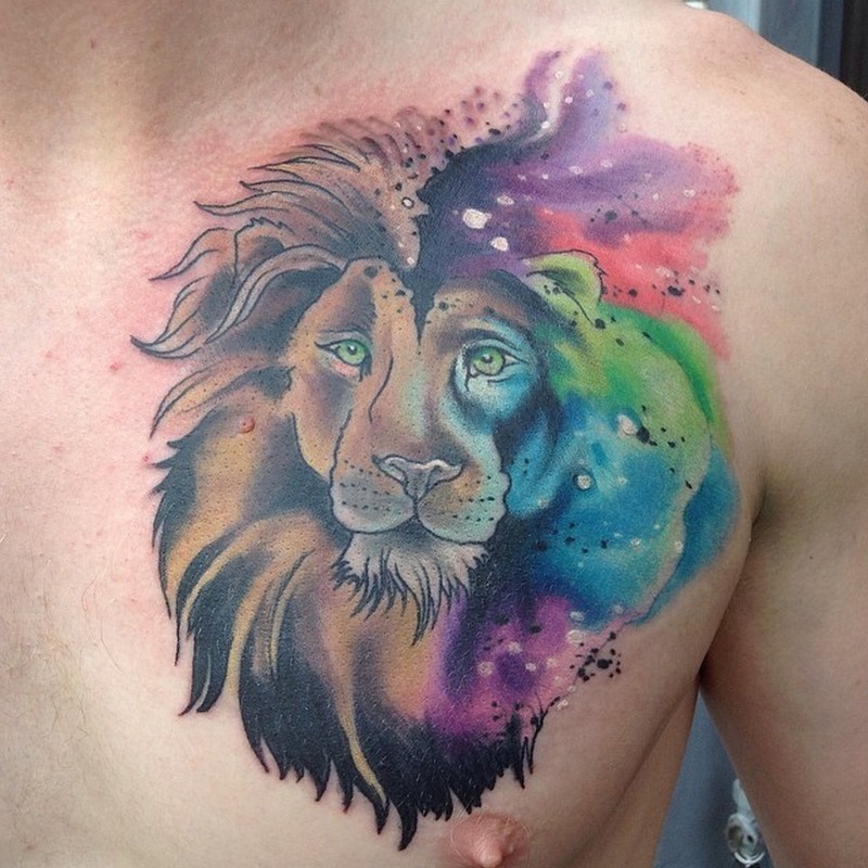 800x800 Wonderful Watercolor Lion Tattoo On Chest - Watercolor Lion Tattoo