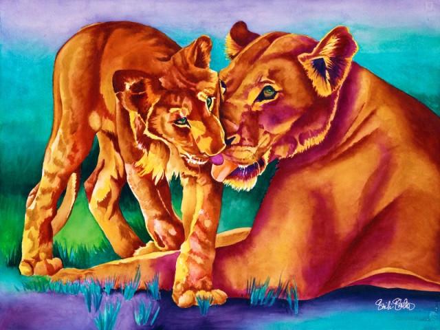 640x480 Pride Signed Print From Original Watercolor Lioness And Cub - Watercolor Lioness