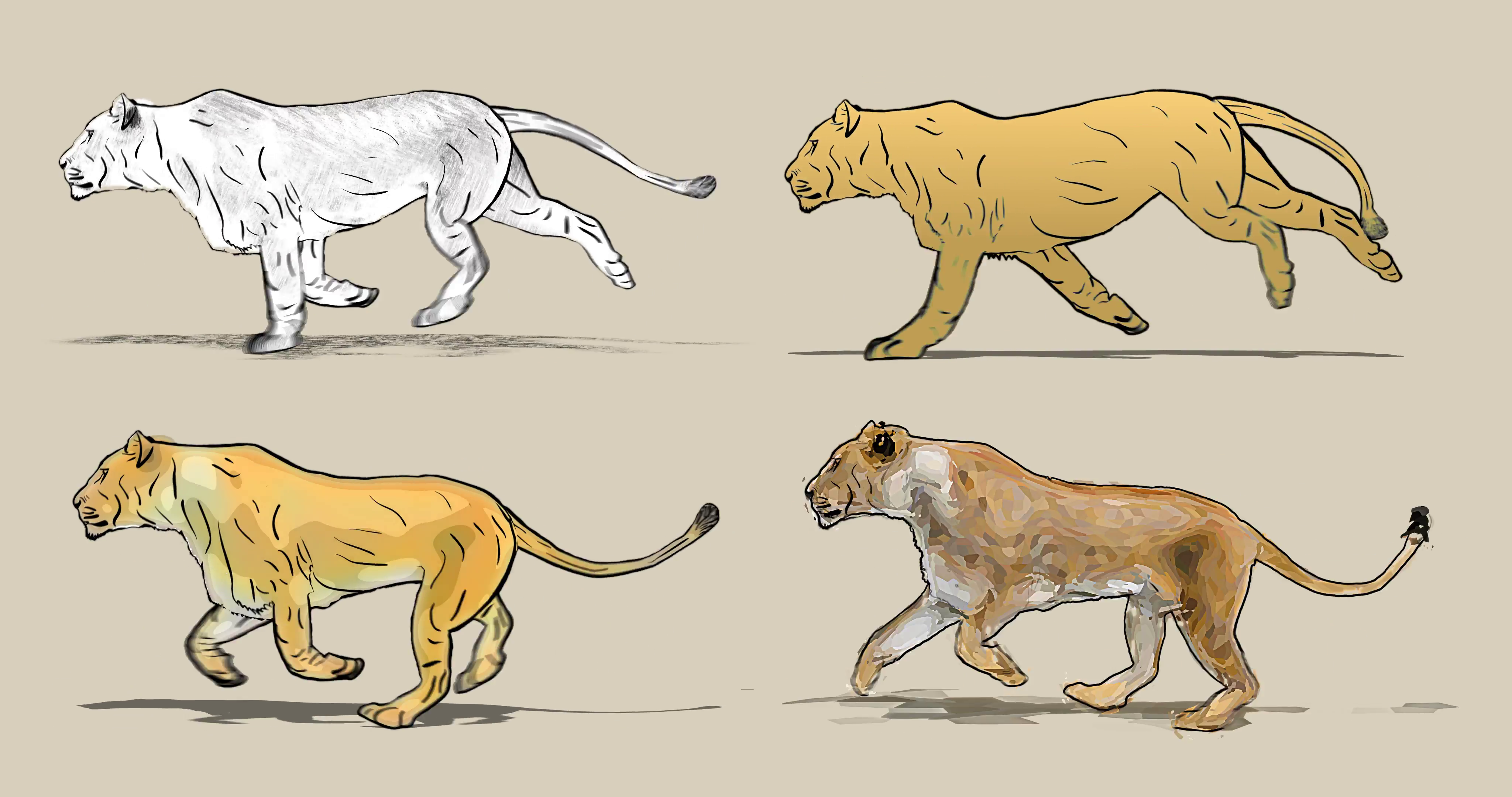 4096x2160 Cartoon Lioness Running. Four Different Drawing Style Pencil - Watercolor Lioness