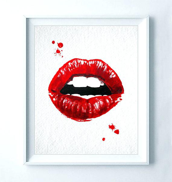 570x604 Red Lips Art Watercolor Lip Print Fashion Poster Abstract Lipstick - Watercolor Lip Print