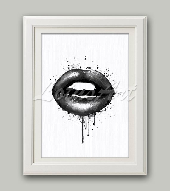 570x641 Black Lips Print Kiss Print Watercolor Lips Poster Teen - Watercolor Lip Print