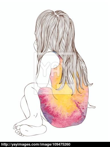 385x512 Little Girl In A Watercolor Dress Sitting Vector - Watercolor Little Girl