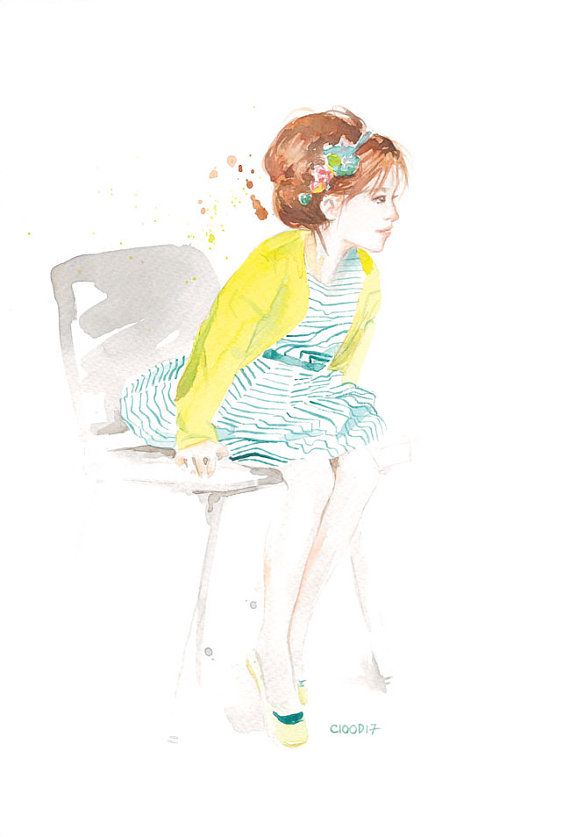 570x837 Original Watercolor Fashion Little Girl Par Petitatelierc100d17 - Watercolor Little Girl
