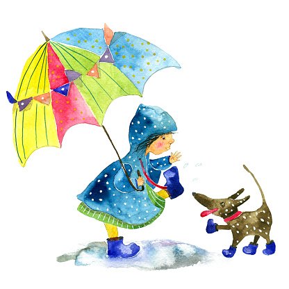 416x416 Watercolor Little Girl Under Umbrella Plays With The Dog Premium - Watercolor Little Girl