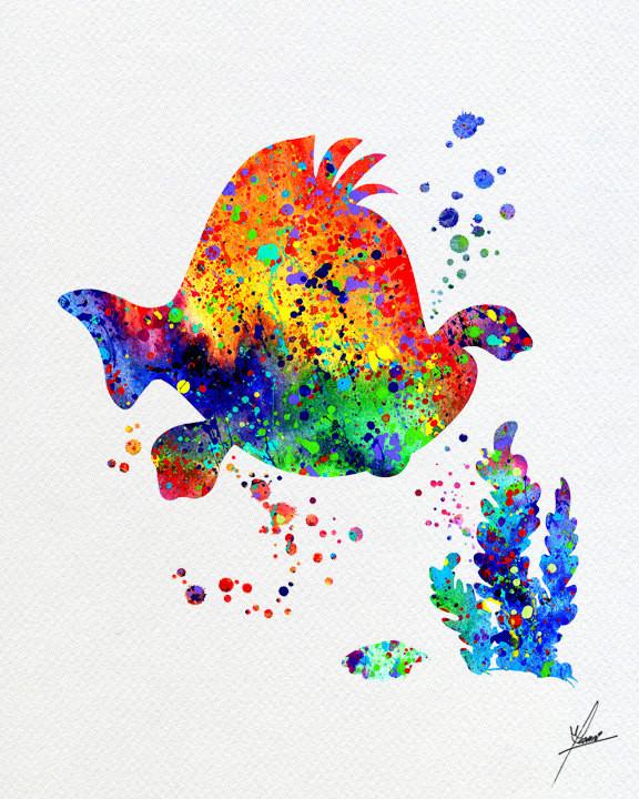 576x720 Little Mermaid Inspired, Flounder, Watercolor Print, Wall Decor - Watercolor Little Mermaid