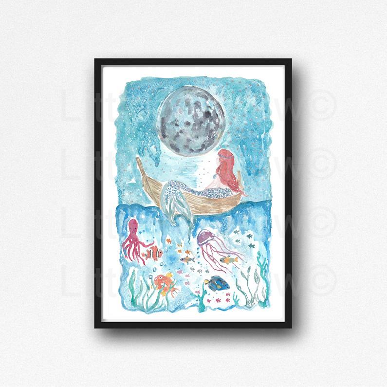 795x795 Buy Little Mermaid Under The Starry Night Watercolor Painting - Watercolor Little Mermaid