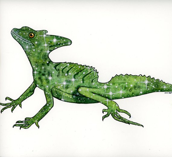 570x521 Galaxy Basilisk Lizard Original Watercolor Painting 9x9.5 - Watercolor Lizard