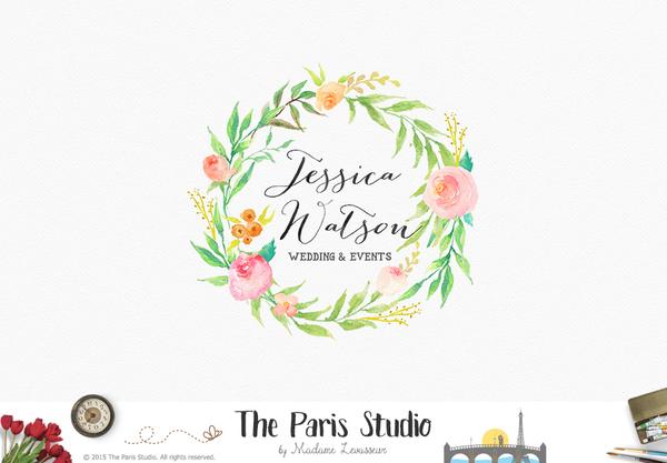 600x417 Floral Wreath Artisan Watercolor Logo Design By The Paris Studio - Watercolor Logo Design