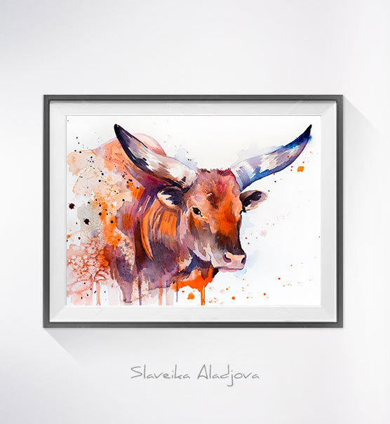 556x604 Longhorn 2 Watercolor Painting Print, - Watercolor Longhorn