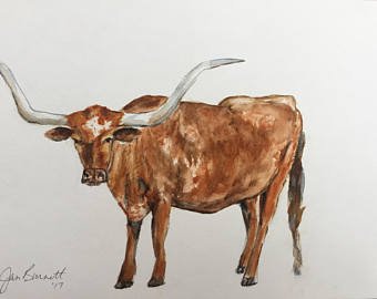 340x270 Longhorn Watercolor Etsy - Watercolor Longhorn