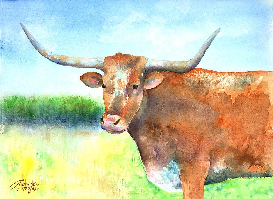 900x656 Mr. Longhorn Painting By Arline Wagner Cards - Watercolor Longhorn