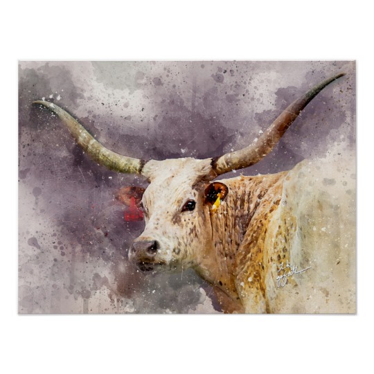 540x540 Texas Longhorn Watercolor Photo Abstract Modern Poster - Watercolor Longhorn