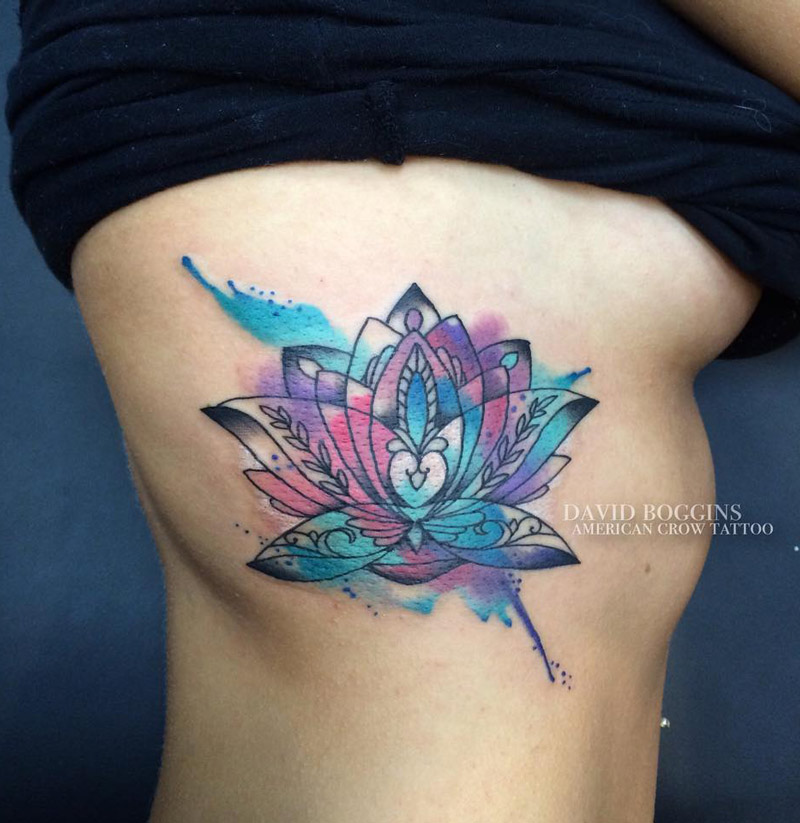 800x823 Watercolor Lotus Flower Tattoo On Girl Right Side Rib - Watercolor Lotus Tattoo