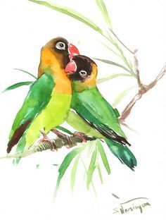 236x312 Lovebirds, Original Watercolor Painting, 12 X 9 In, Green Yellow - Watercolor Love Birds