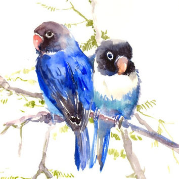 354x354 Lovebirds Painting, Blue, Bird Painting, From Originalonly - Watercolor Love Birds