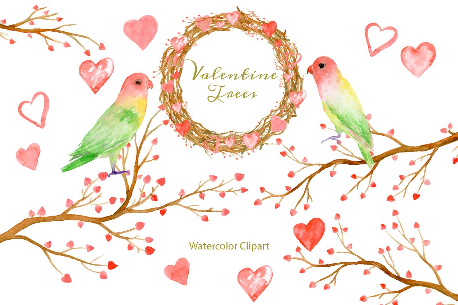 1500x1000 Watercolor Clipart Valentine Trees, Tree Branch, Love Birds - Watercolor Love Birds