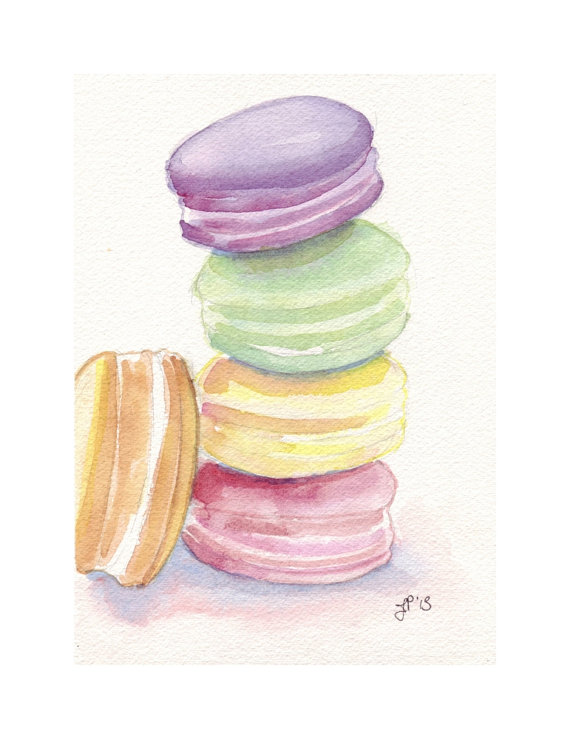 570x739 Macarons Original Watercolor Painting Art, Four Pastel Laduree - Watercolor Macaron