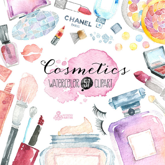 570x570 Makeup Cosmetics Watercolor. 57 Hand Painted Clipart, Diy Elements - Watercolor Makeup