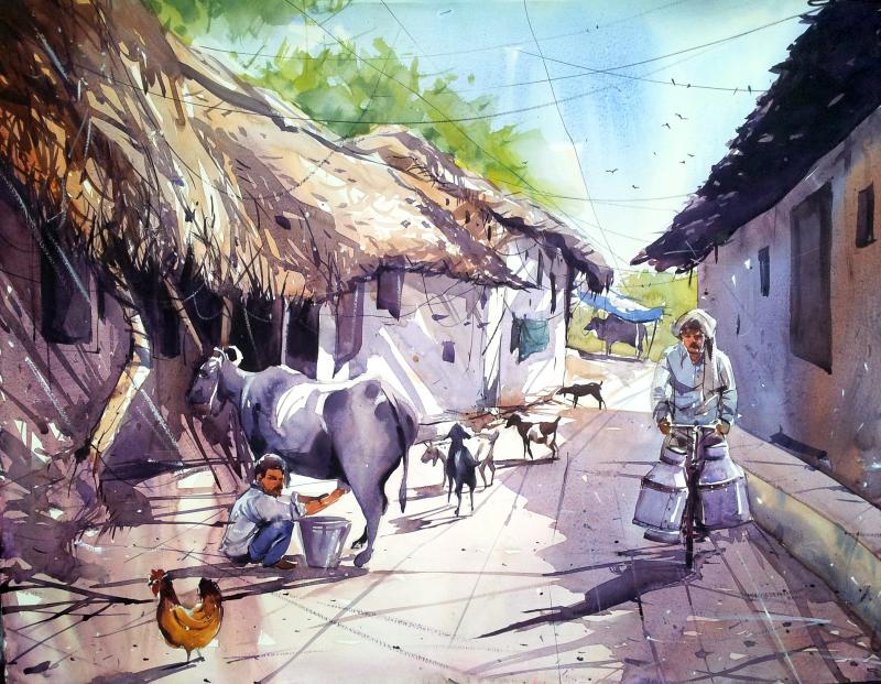 800x621 Milk Man By Artist Amit Kapoor Landscape Art Watercolor Paintings - Watercolor Man