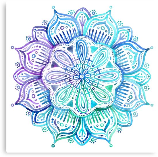 550x545 Iridescent Aqua And Purple Watercolor Mandala Metal Prints By - Watercolor Mandala