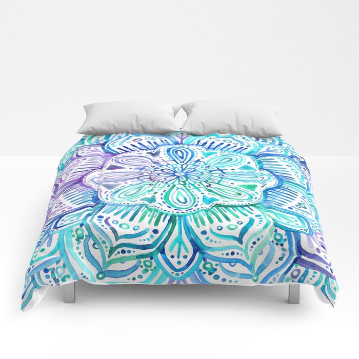 700x700 Iridescent Aqua And Purple Watercolor Mandala Comforters By - Watercolor Mandala