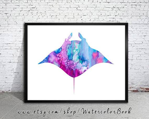 570x453 Manta Ray Print, Nautical Prints, Ocean Art, Sea Print, Watercolor - Watercolor Manta Ray