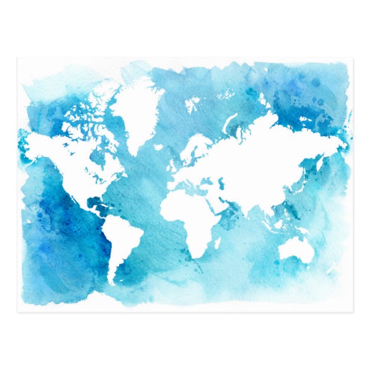 540x540 World Map In Watercolor Blues Postcard - Watercolor Map