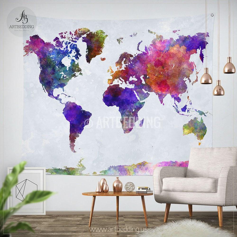 1000x1000 World Map Watercolor Wall Tapestry, Grunge World Map Wall Tapestry - Watercolor Map