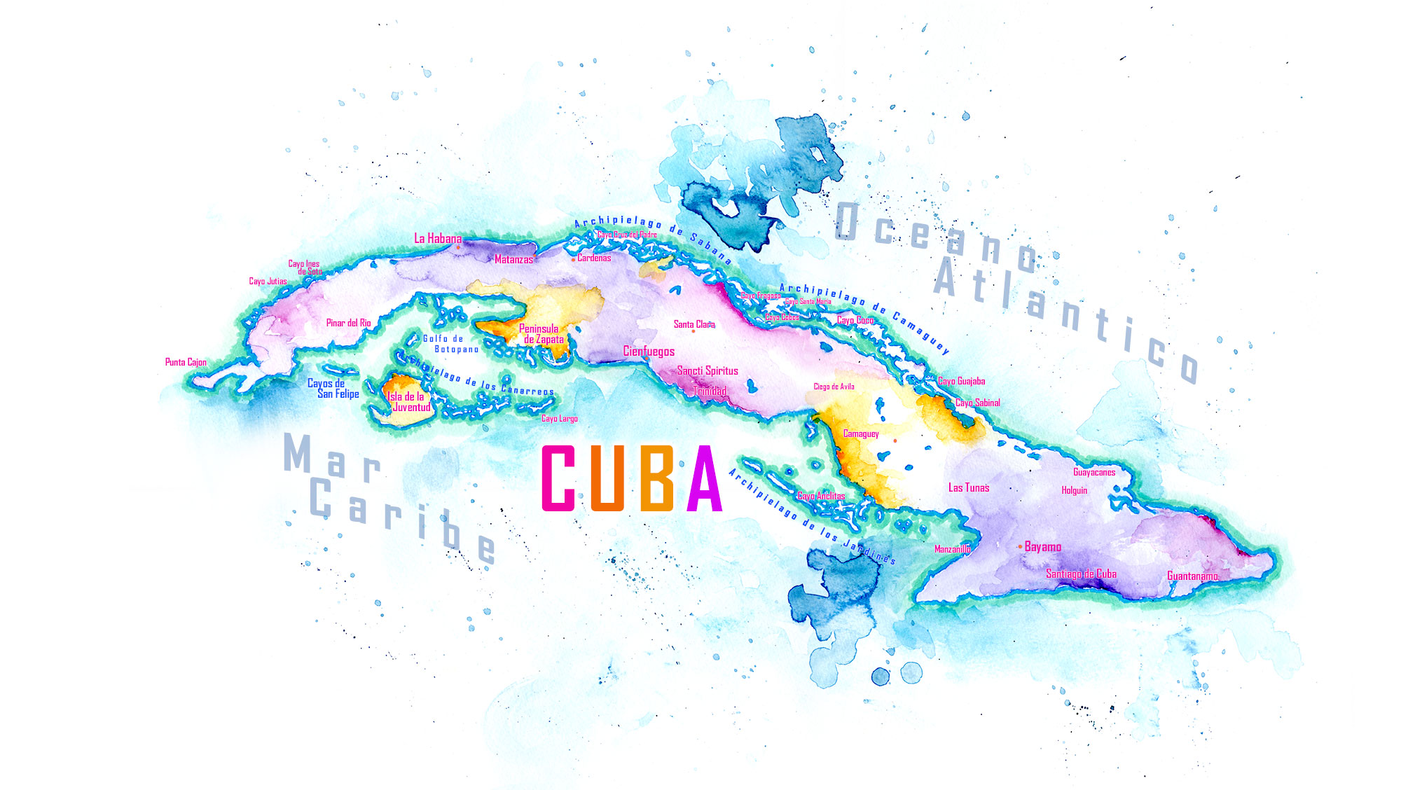 2000x1128 Handpainted Map Of Cuba Watercolor Cuba Map - Watercolor Map