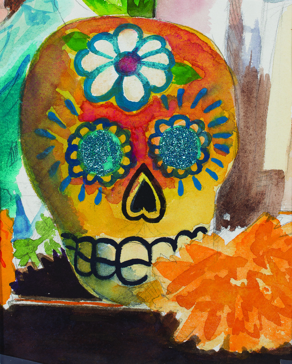 1000x1248 Skull With Marigold, Watercolor With Glitter June Rubin, Artist - Watercolor Marigold